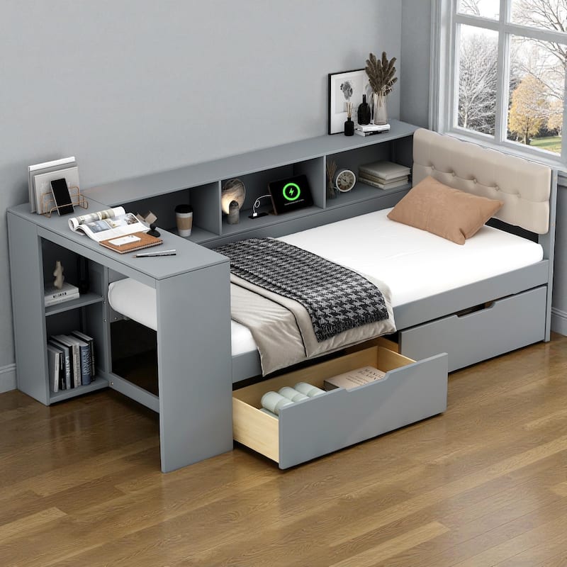 Wood Twin/Full Platform Bed with Upholstered Headboard, Storage Shelves, Drawers and Charging Station, No Box Spring Needed - Grey - Twin