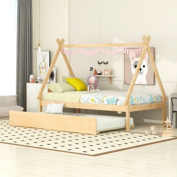 slide 2 of 29, Twin size Teepee Bed Wood Slat Support Platform Bed Frame Minimalist Tent Floor Bed, with Trundle(No Box Spring Needed) Natural - Twin