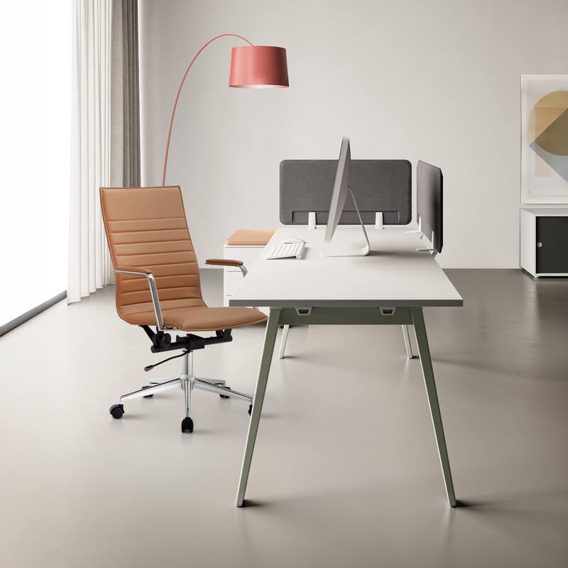 Set of 2 High Back Office Desk Chair | Upholstered Ribbed PU Leather | Armchair for Home, Executive, Conference, Meetings