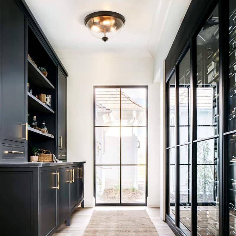 15.9" W 3-Light Vintage Matte Black Dome Metal Flush Mount Bowl Ceiling Light with Transparent Black Textured Glass for Foyer