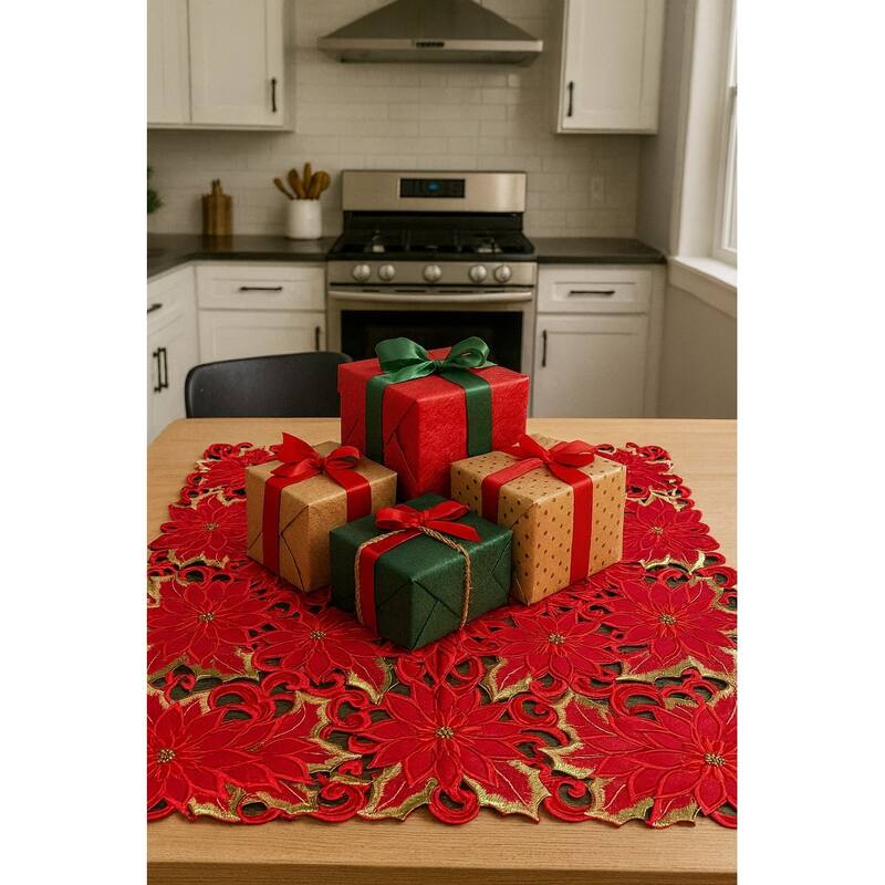 Poinsettia Embroidered Cutwork Square tablecloth, 36 inch Square