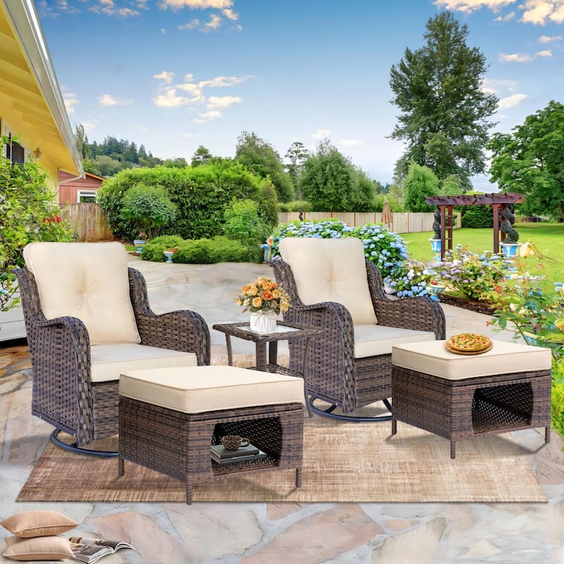 High Back Brown Wicker Outdoor Patio Furniture Sets with Swivel Chairs - 5 Piece - Beige