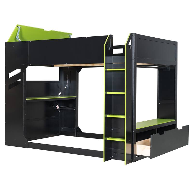 Full Size Wood Loft Bed with Height-adjustable Desk, Drawers,Storage Compartments, Hanging Rod and RGB Lights