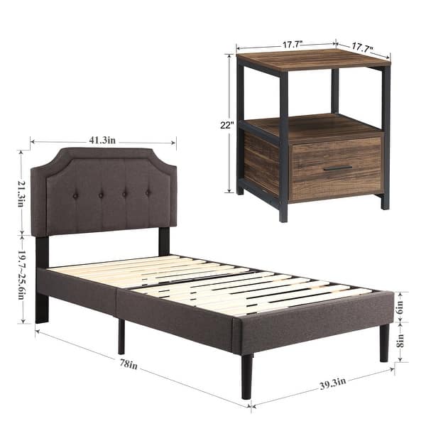 dimension image slide 5 of 13, VECELO 3-Pieces Modern Upholstered Bed with Height Adjustable Headboard and Nightstands Sets