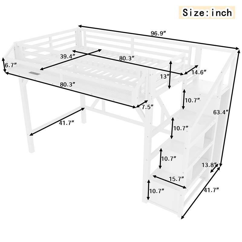 Twin XL/Twin Metal Loft Bed with Storage Stairs, Wardrobe, USB Ports & LED Lights