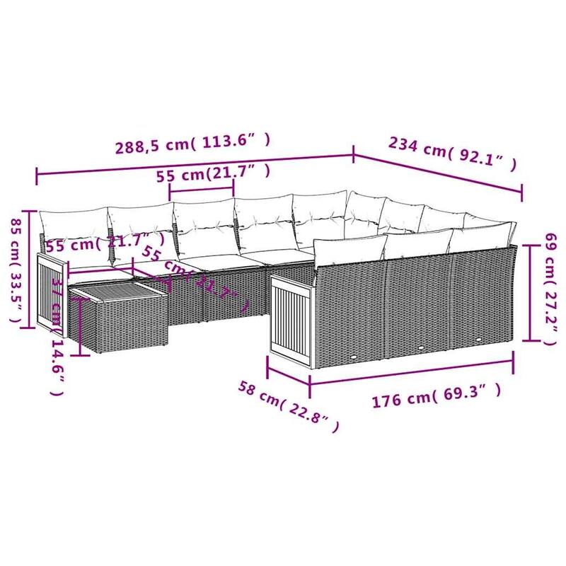 vidaXL 11 Piece Patio Sofa Set with Cushions Gray Poly Rattan - 113.8x33.5x112.6