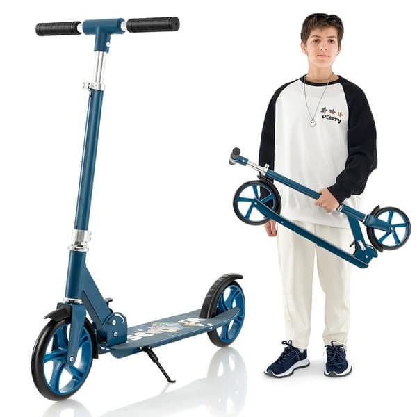 slide 2 of 10, Gymax Folding Kick Scooter w/ 3 Adjustable Heights 8 Inches Big Wheels Blue