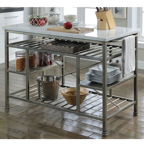 Counter Height Kitchen Island Marble & Antique Pewter