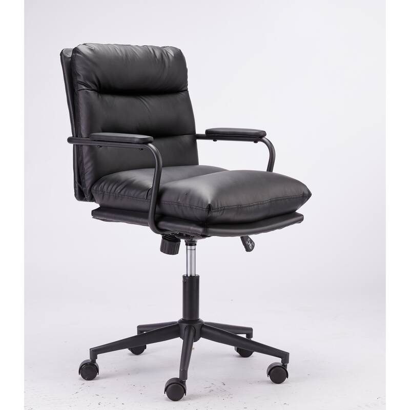 Black Mid Back Leather Office Chair with Arms and Wheels for Home Office - Black