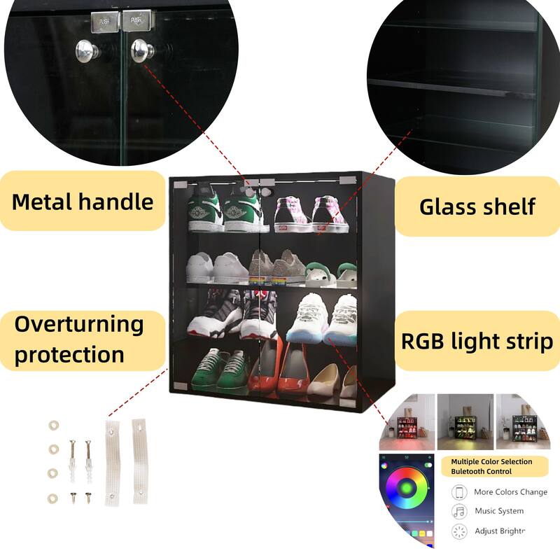 Modern 4-Layer Glass Shoe Organizer Cabinet with LED Light, Bluetooth Control, and Adjustable Shelves for Shoe Display