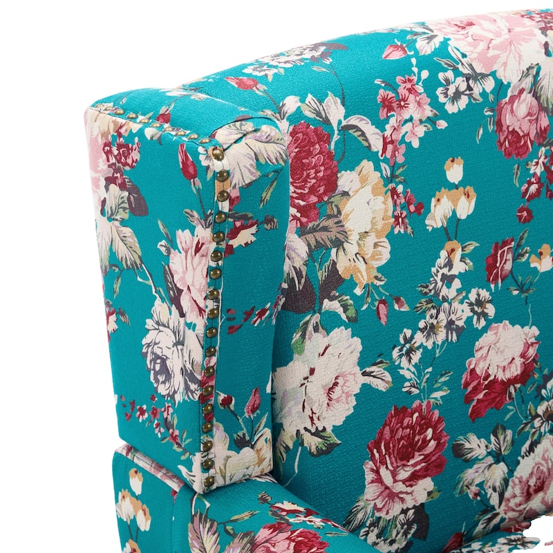 Traditional Floral Patterned Wingback Armchair with Nailhead Trim