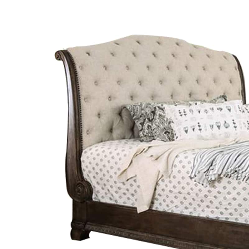Queen Size Bed with Fabric Upholstery, Beige and Brown
