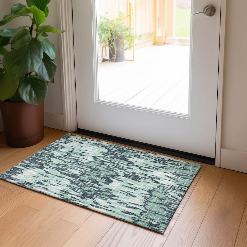 Machine Washable Indoor/ Outdoor Modern Watercolor Chantille Rug - Sage - 1'8" x 2'6"