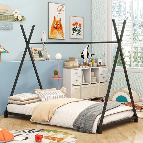 slide 2 of 11, Metal Twin Size House Platform Bed with Triangle Structure for Bedroom, Black Black