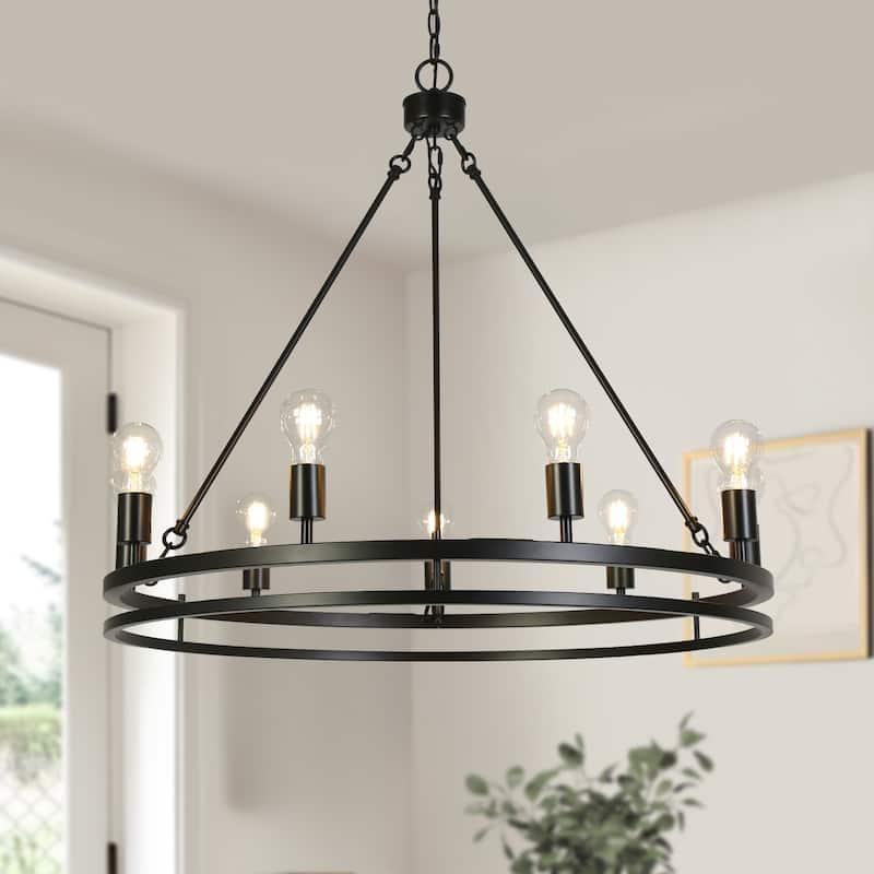 Oriea Modern Farmhouse 9-Light Black Chandelier Classic Wheel Lights - D 31.9" x H 29.3"