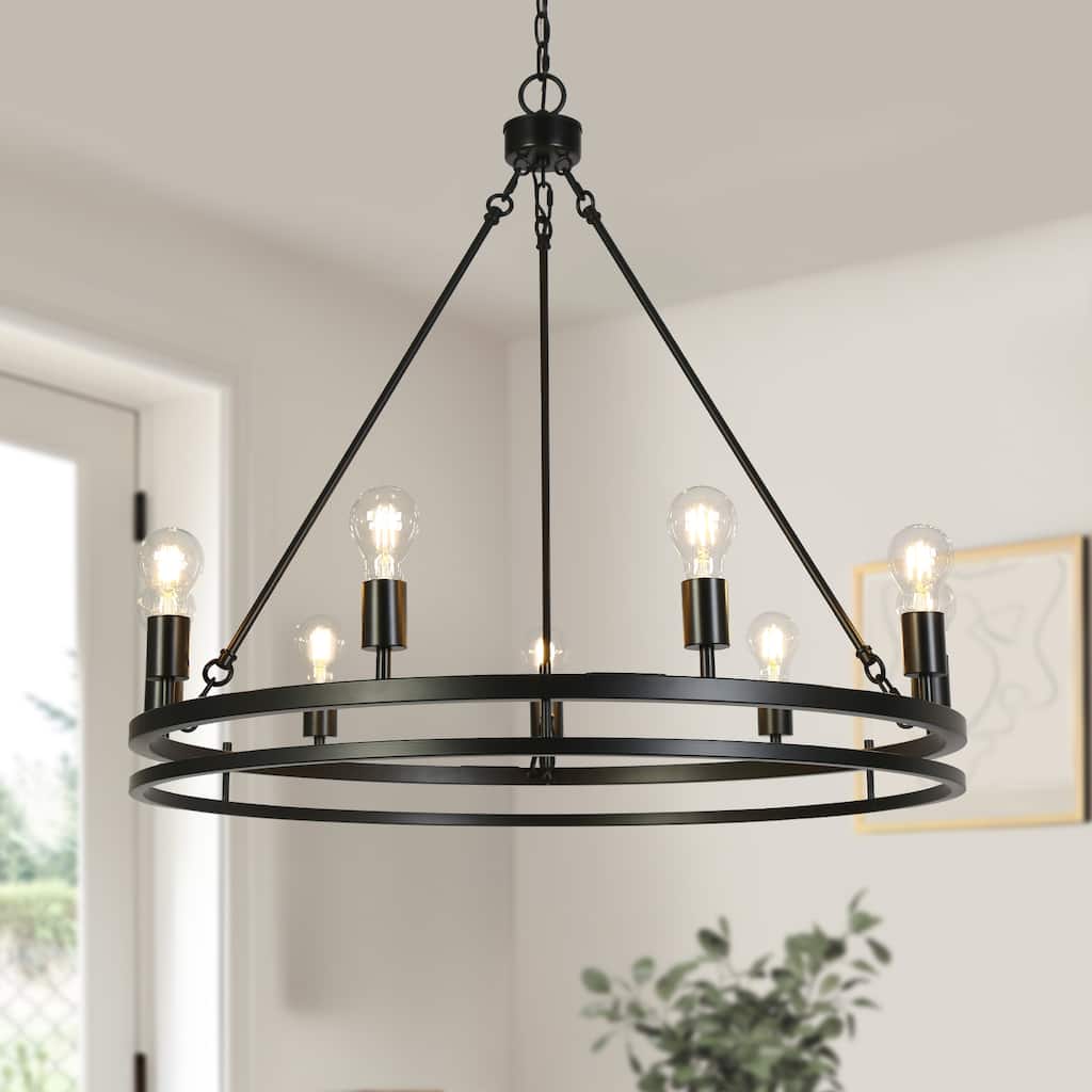 Oriea Modern Farmhouse 9-Light Black Chandelier Classic Wheel Lights - D 31.9" x H 29.3"