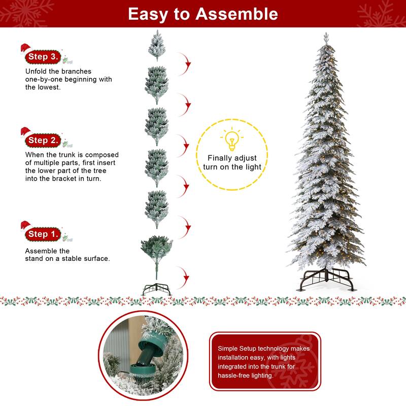 Glitzhome 15 Foot Pre-Lit Flocked Pencil Spruce Artificial Christmas Tree with 1400 LED Lights - 15ft