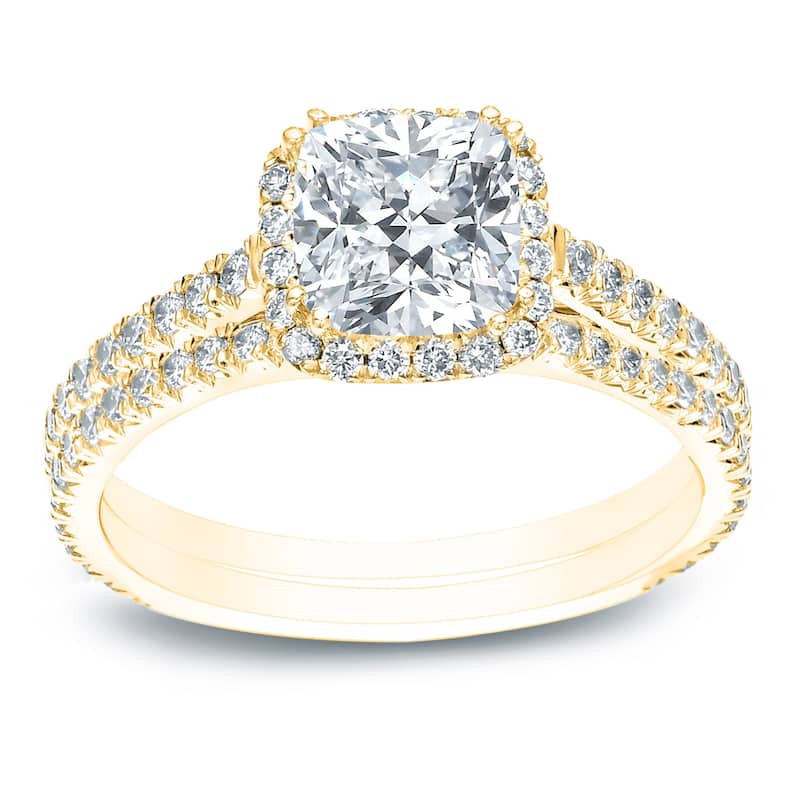 Auriya 2ctw Cushion-cut Halo Diamond Engagement Ring Set 14k Gold Certified