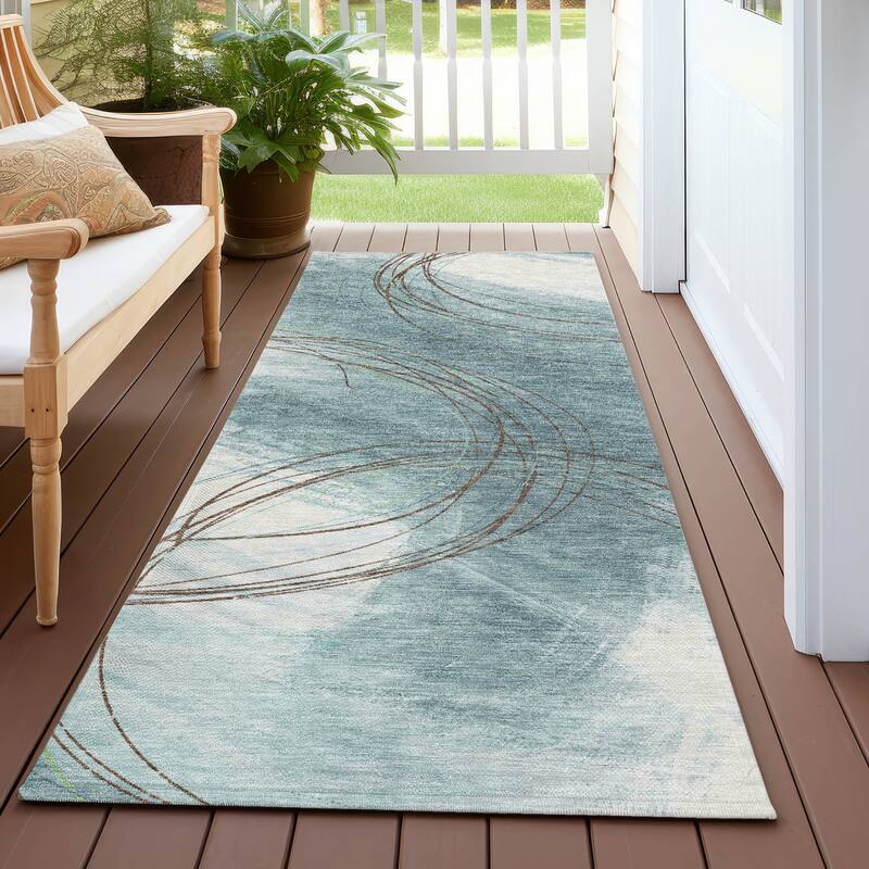 Machine Washable Indoor/ Outdoor Abstract Modern Chantille Rug - Teal - 2'3" x 7'6"
