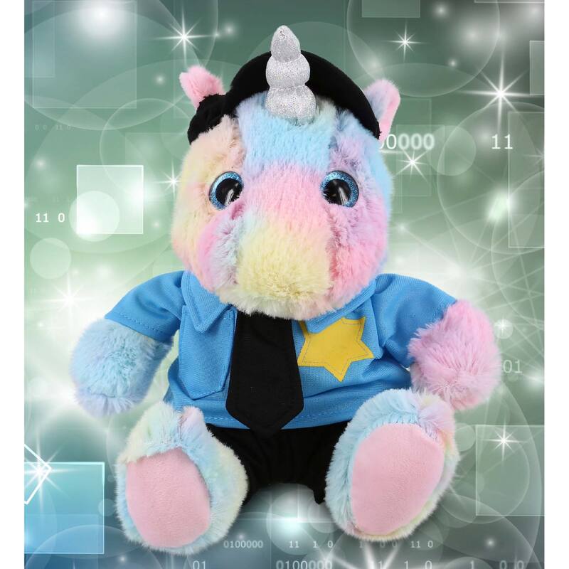 DolliBu Sitting Rainbow Unicorn Police Officer Plush with Cop Uniform - 10 inches