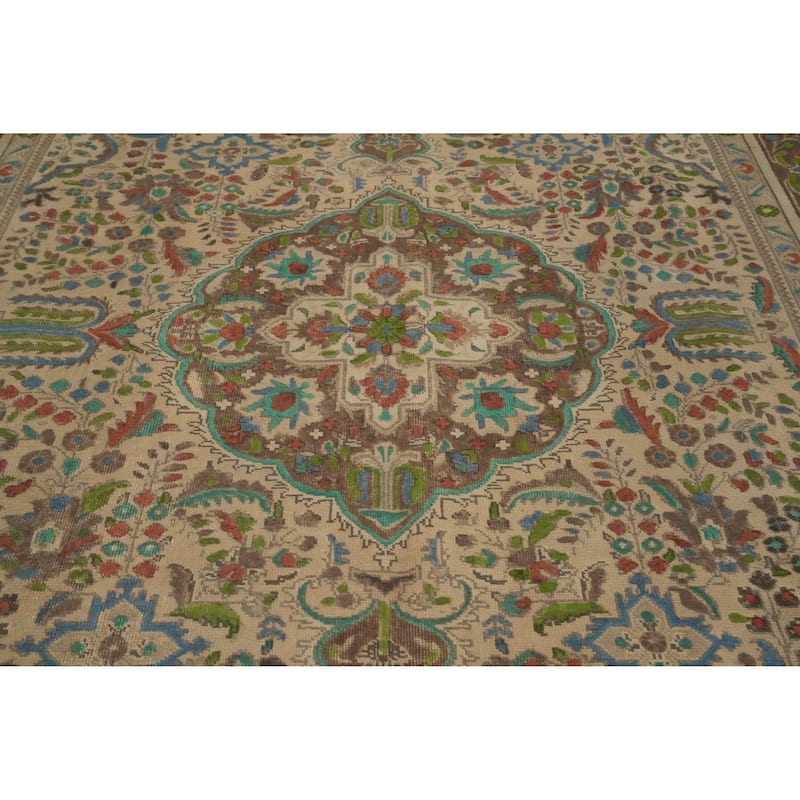 Hand Knotted Oriental 100% Wool Carpet Traditional Floral Beige & Ivories Tabriz Area Rug - 11' 0'' X 7' 10''