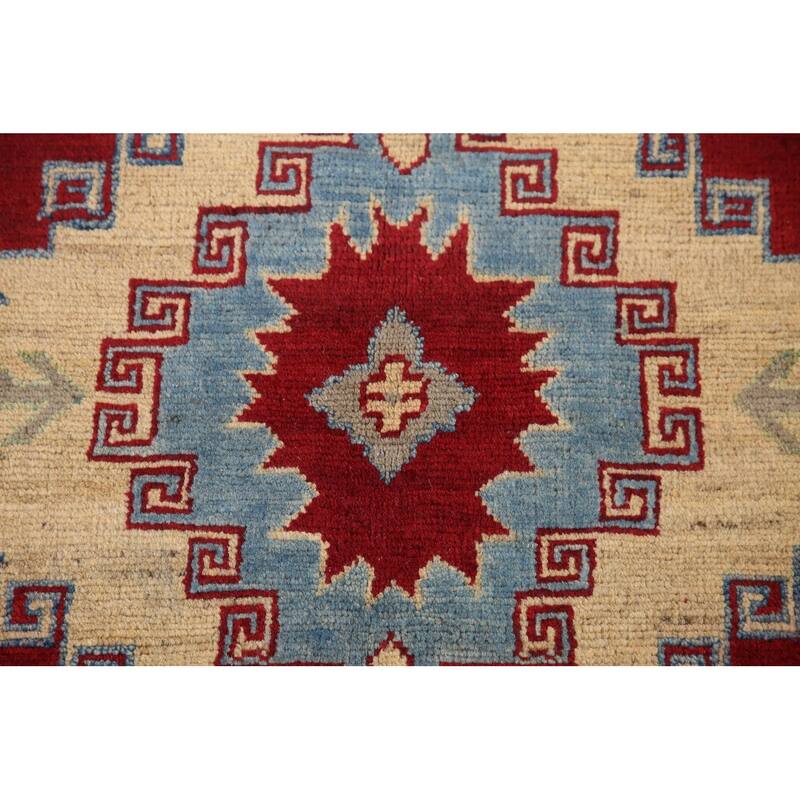 Hand Knotted Oriental 100% Wool Carpet Traditional Geometric Red Kazak Area Rug - 9' 8'' X 6' 7''
