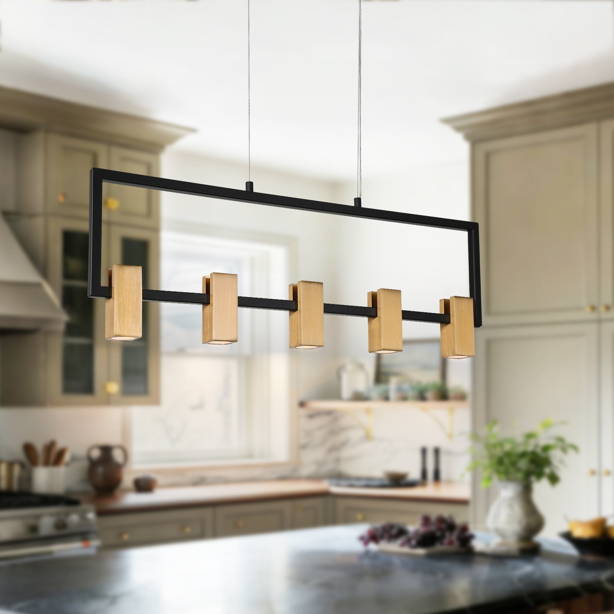 Modern 5-Light Black Gold LED Rectangle Chandelier Hanging Pendant Light for Dining Room - 27.5" L x 1.5" W x 12" H
