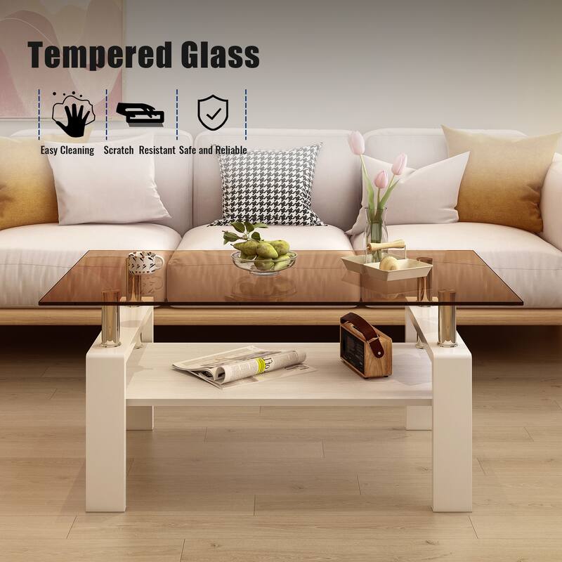 Rectangle Coffee Table, Tempered Glass Tabletop with MDF Layer, Modern Table for Living Room, Brown Glass