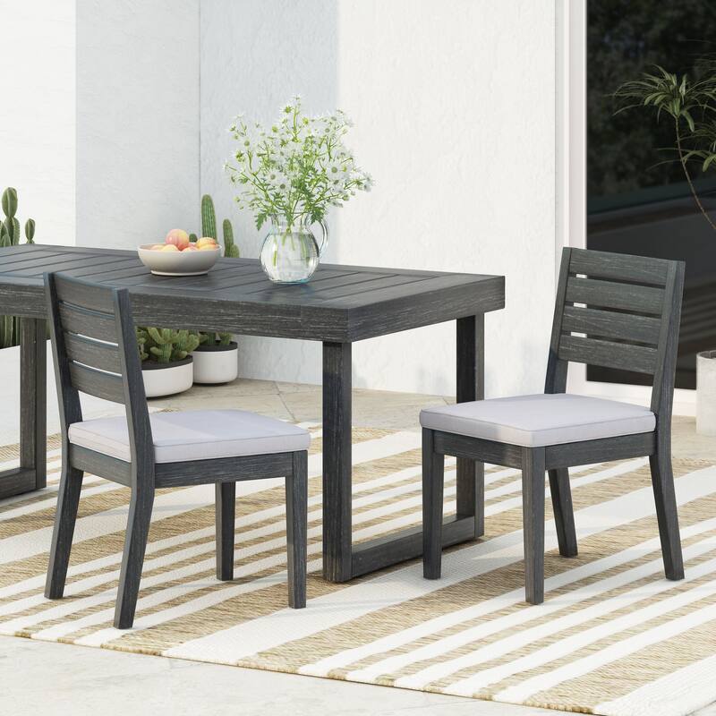 Outdoor Acacia Wood Armless Dining Chair with Cushions (Set of 2), Sandblasted Dark Gray + Light Gray