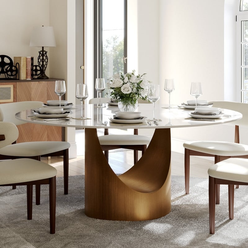 Modern Round Dining Table for Diningroom，White Glossy Stone Tabletop,Bronze Carbon Pedestal