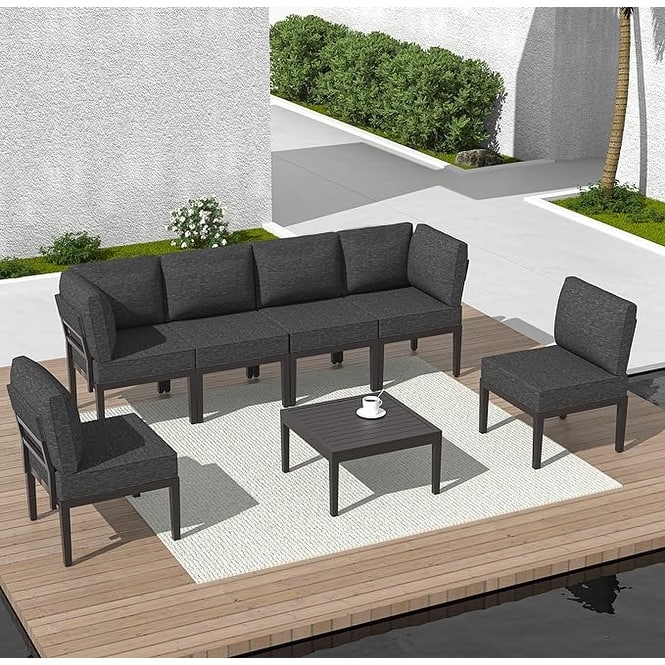 Kullavik 7 Piece Outdoor Furniture Set, Modern Metal Sectional Sofa with Thick Cushions and Coffee Table