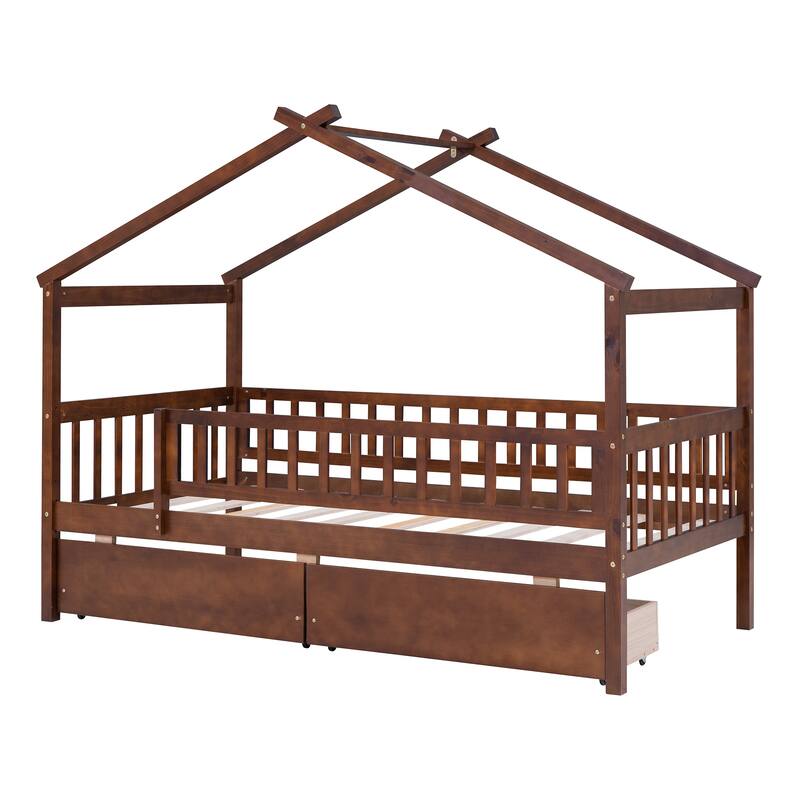 Twin Size House Bed with Two Drawers and Roof Design, Pine Wood Frame