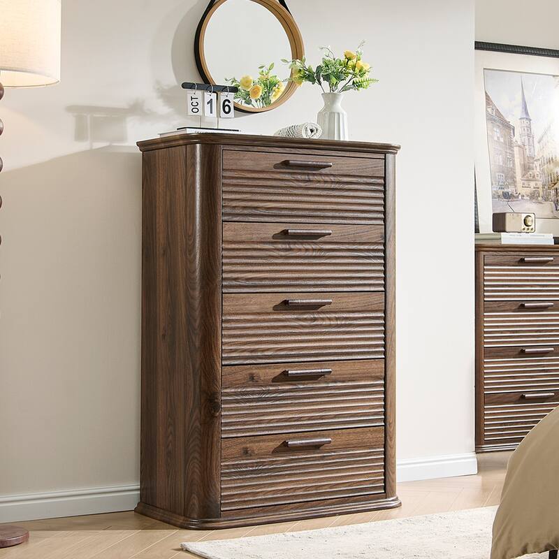 Fluted Curved Dresser with Drawers for Bedroom, Chest of Drawers Closet Storage Organizer - Walnut - 5-drawer