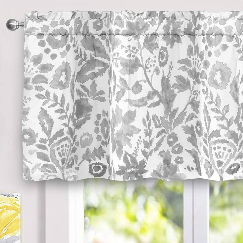 DriftAway Julia Watercolor Blooming Flower Floral Lined Window Curtain Valance - 52'' width x 24'' length - Grey