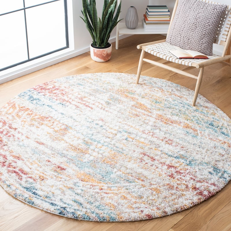 SAFAVIEH Calista Shag Anthea Abstract 1-inch Thick Rug - 6'7" Round - Ivory/Beige
