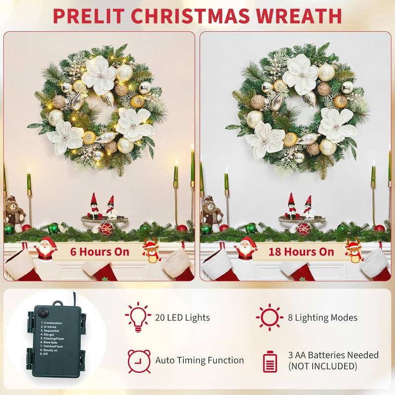 24 Inch PVC Christmas Wreath, White Pine Magnolia Garland for Front Door - N/A