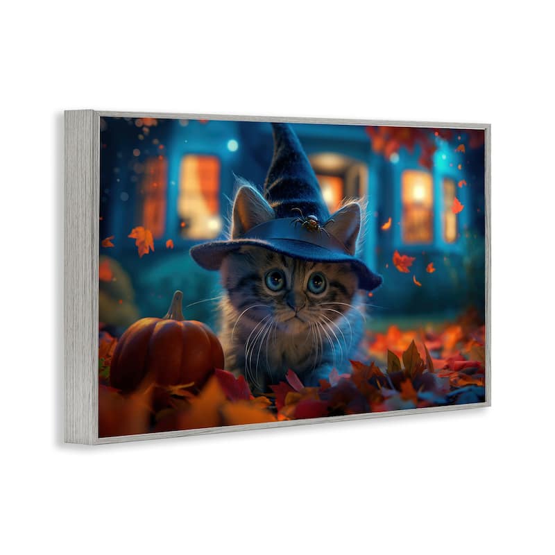 Stupell Halloween Witch Kitten & Pumpkin Framed Giclee Art Design By Wumples