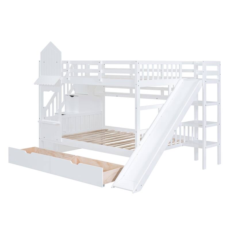 Bunk Bed Solid Wood Castle Slide Bed Frame w/ Stairs, 2 Drawers, Shelves