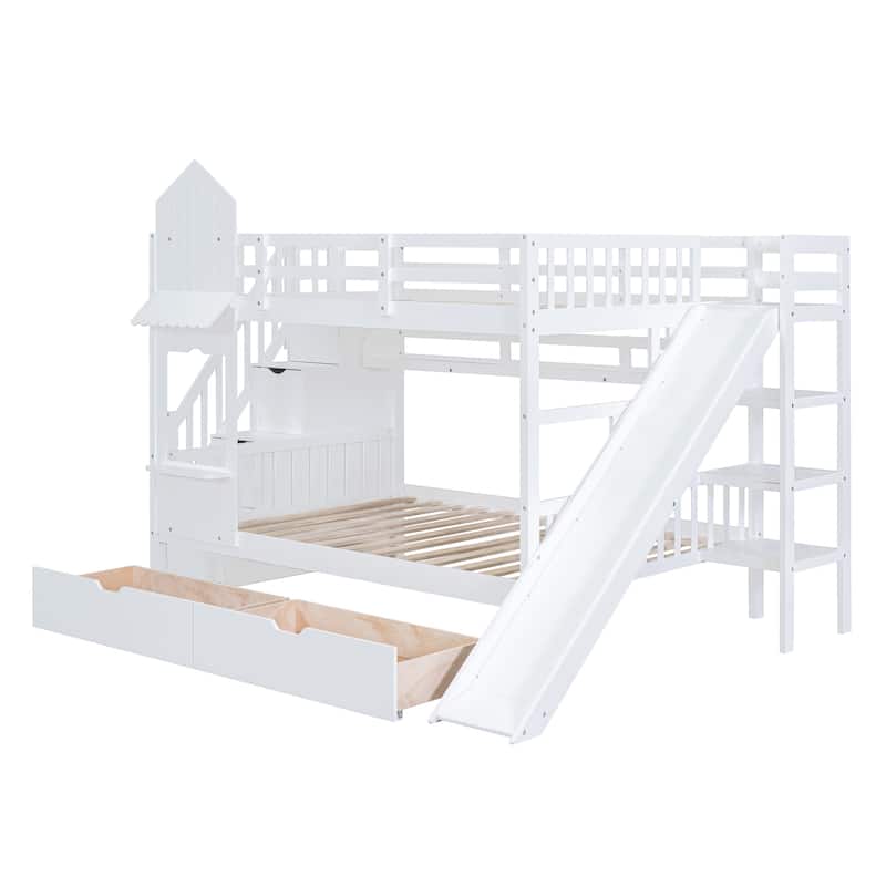 Full-Over-Full Bunk Bed with Slide, Storage Drawers and 3-Tier Shelves, Wood Kids Playhouse Bunkbed Frame for Bedroom, White