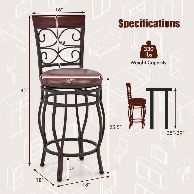 Set of 2 Swivel Bar Stools 26 Inch with Backrest and Footrest PU Leather - 19" x 16.5" x 45"