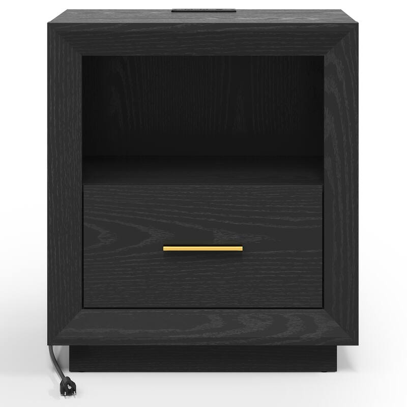 Modern Nightstand with Charging Station - Black