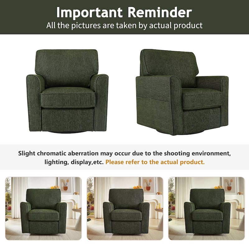 Chenille 360° Swivel Lounge Chair, Modern Armchair with Side Pockets Swivel Sofa Chair Ergonomic Recliner Chair for Bedroom