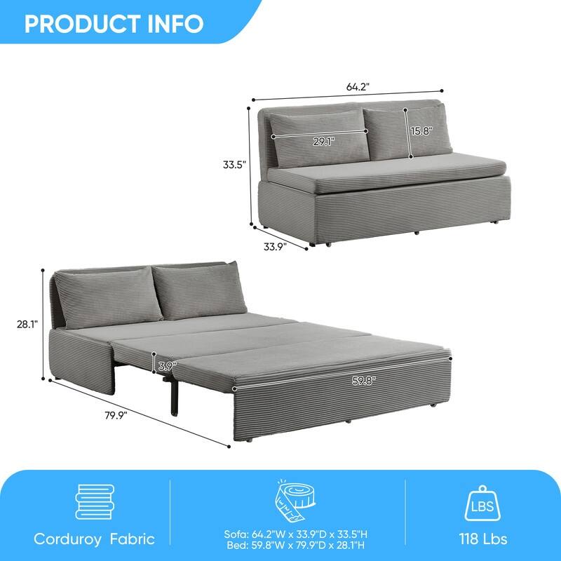 Mixoy Corduroy Fabric Queen Size/Twin Size Sofa Bed, 2-in-1 Modern Pull Out Sleeper Sofa Bed