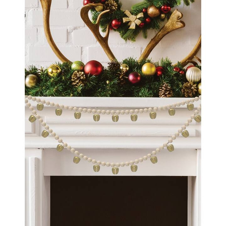 BECKI OWENS 60" Wood Beaded Garland - Natural - With Gold Bells