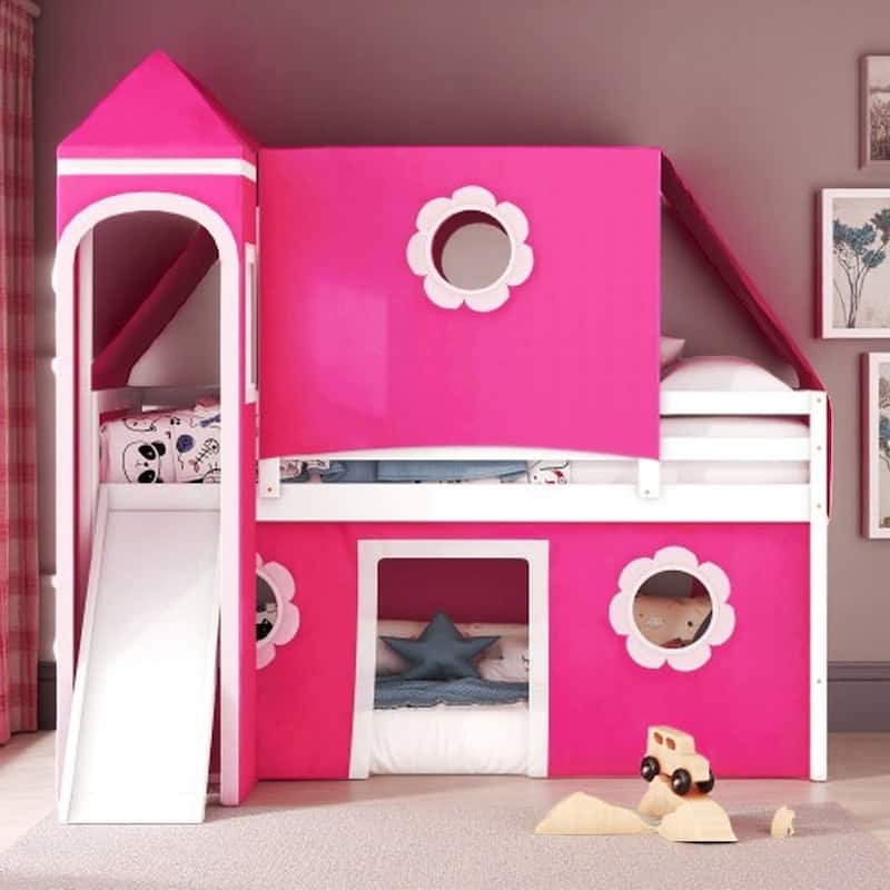 Full Size Loft Bed with Castle Tower, Slide, and Play Tent, Solid Pine Wood Construction with Spacious Under-Bed Play Area - Red
