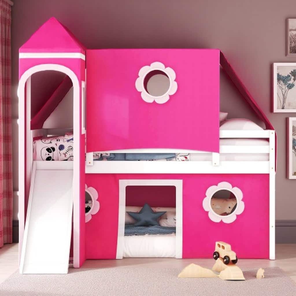 Full Size Loft Bed with Castle Tower, Slide, and Play Tent, Solid Pine Wood Construction with Spacious Under-Bed Play Area