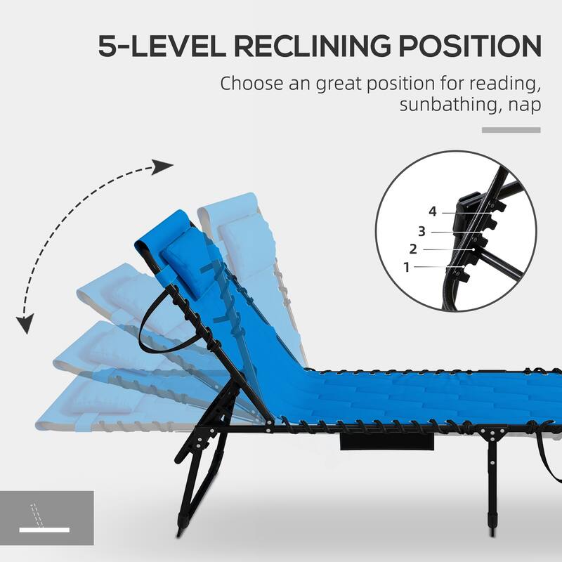 Set of 2 Outdoor Folding Chaise Lounge Chair with 5-Position Recline, Headrest and Side Pocket for Beach Patio or Camping