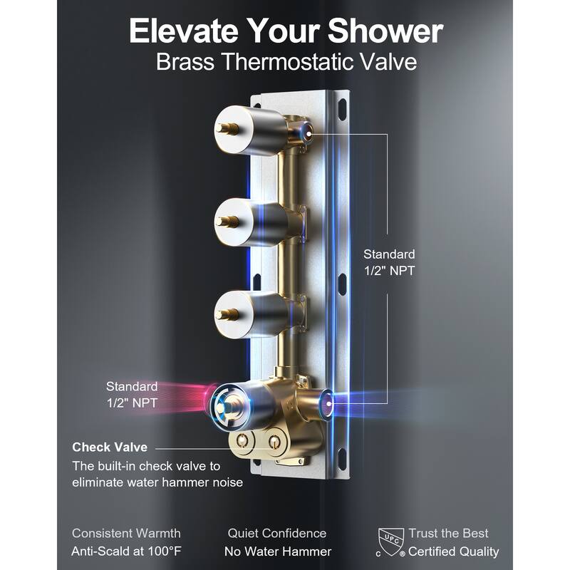 Dual Heads 16" Rainfall & High Pressure 6" Shower System w/ 3 Way Thermostatic Faucet 