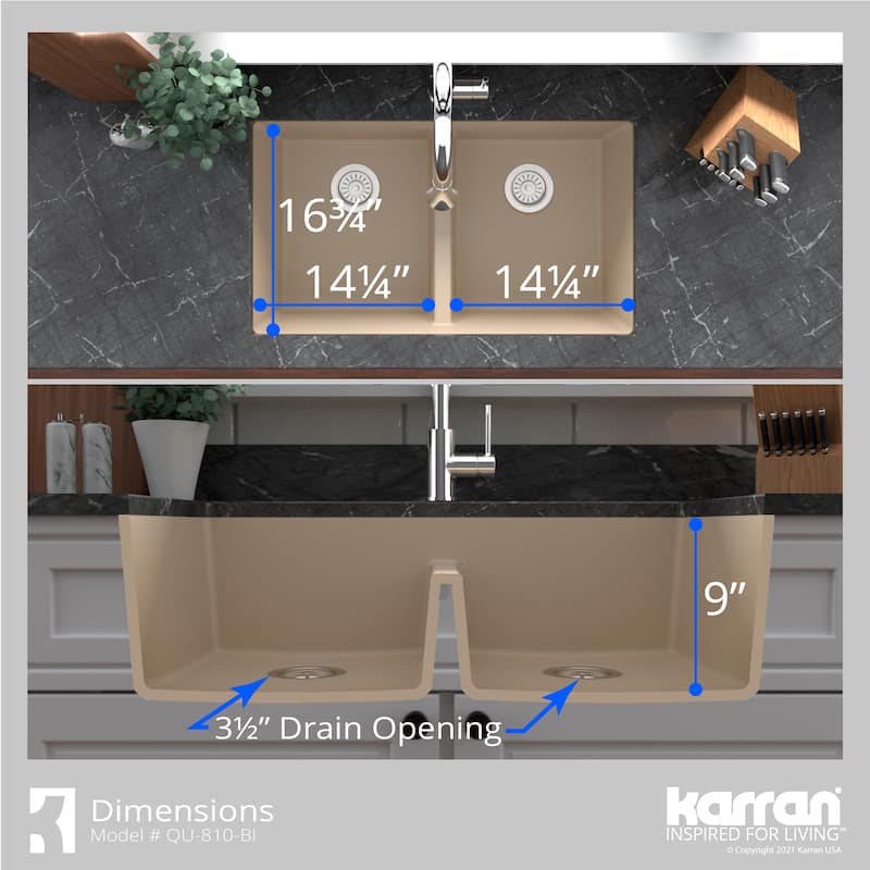 Karran 32" Undermount Double Equal Bowl Quartz Kitchen Sink Kit - 32" x 19.5" x 9"