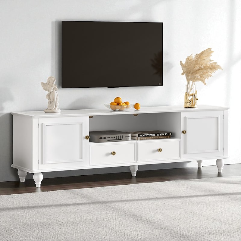70.9" Modern TV Stand for TVs up to 80", Entertainment Center with 2 Cabinets, 2 Drawers, Open Shelf, Solid Wood Legs